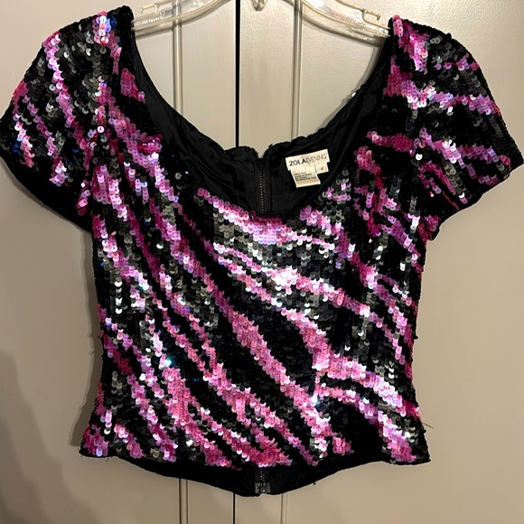 VINTAGE ZOLA EVENING 100% SILK PINK AND BLACK ZEBRA SEQUIN TOP SM. 80’s y2k - Picture 1 of 4
